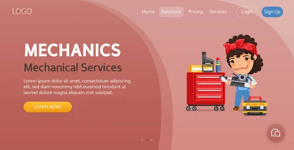 Templat Mechanical Services Website Ilustrasi Seorang Wanita Mekanik Kartun Menggunakan - Stok Vektor