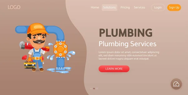 Plumbing Services Website Template Illustration Cartoon Plumber Repairing Pipe Leak — Stock Vector