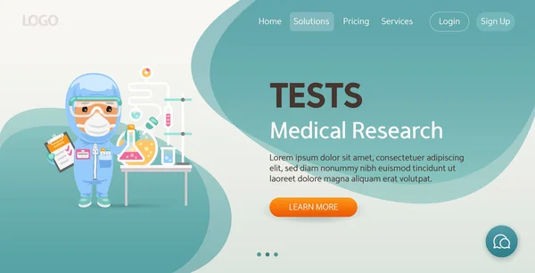 Πρότυπο Ιστοσελίδας Ιατρικής Έρευνας Εικονογράφηση Ενός Ιατρικού Χημικού Κινουμένων Σχεδίων — Διανυσματικό Αρχείο