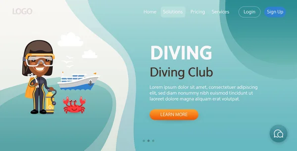 Πρότυπο Ιστοσελίδα Καταδύσεις Club Εικονογράφηση Παραλίας Της Θάλασσας Πόδια Κύλινδρος — Διανυσματικό Αρχείο