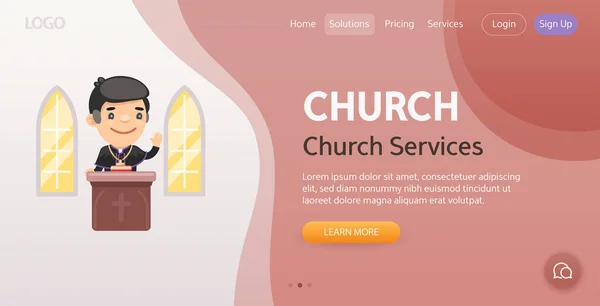 Church Services Website Template 一个卡通片天主教牧师在教堂讲道的例子 穿着长袍的圣父和专业人士一起作曲扁平的男性角色 — 图库矢量图片