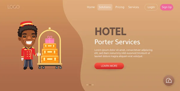 Porter Services Website Template Illustration Cartoon Smiling Porter Luggage Hotel — Vector de stock