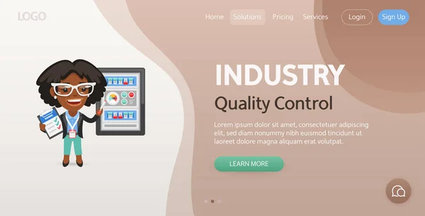 Quality Control Website Template Illustration Cartoon Technologist Checks Production Process — Vector de stock