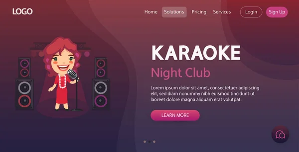 Night Club website template. Illustration of a cartoon singer lady on stage. Composition with a professional woman. Flat female character.