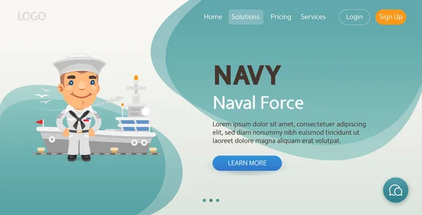 Naval Force Website Template Illustration Cartoon Smiling Sailor Background Aircraft — Vector de stock