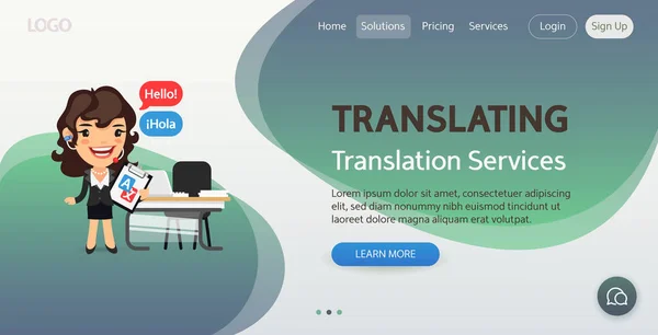 Translation Services Website Vorlage Illustration Eines Konzepts Für Übersetzer Cartoonsprache — Stockvektor