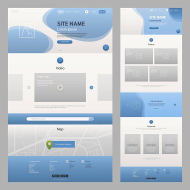 Mavi Renkli Web Sitesi Şablonu. UI UX konsept geliştirme düzeni. İniş sayfası şablonu. Düzenlenebilir vektör biçimi.
