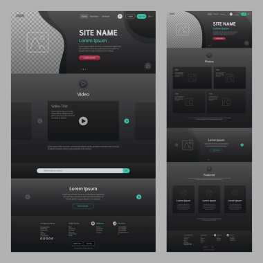 Dark ve Şeffaflık Web Sitesi Şablonu. UI UX konsept geliştirme düzeni. İniş sayfası şablonu. Düzenlenebilir vektör biçimi.