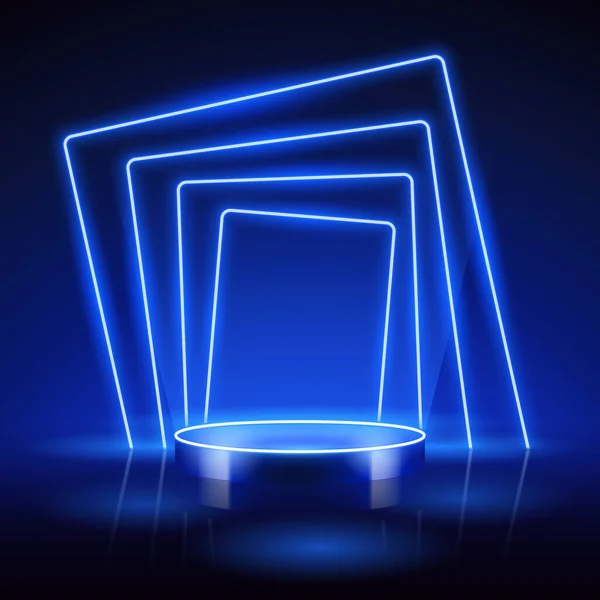 Leeres Zylinderpodest Mit Abstraktem Geometrischem Neonblauem Hintergrund Vector Clip Art — Stockvektor