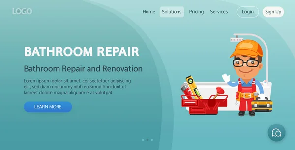 Šablona Webových Stránek Pro Opravy Renovace Koupelen Ilustrace Kresleného Pracovníka — Stockový vektor