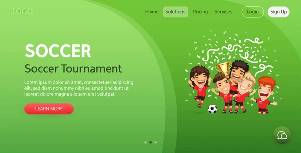 Soccer Tournament Website Template Illustration Cartoon Happy Champions Winners Cup — Vector de stock