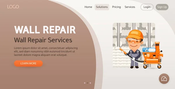 Wall Repair Services Weboldal Sablon Illusztráció Fal Javítása Rajzfilm Karakter — Stock Vector