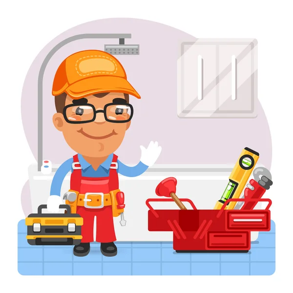 Bathroom Renovation Restoration Cartoon Worker Tools Composition Professional Flat Male — Stock Vector