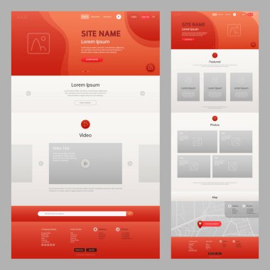 Kırmızı Renkli Web Sitesi Şablonu. UI UX konsept geliştirme düzeni. İniş sayfası şablonu. Düzenlenebilir vektör biçimi.