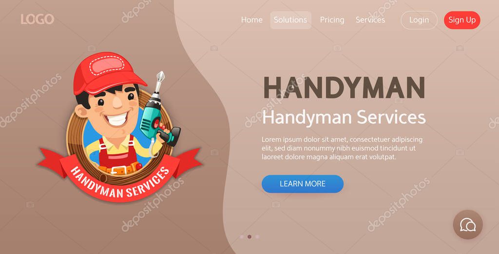 Handyman Services website template. Illustration of a cartoon handyman emblem for your carpentry company projects.