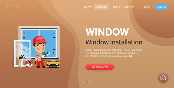 Window Installation Website Template Illustration Cartoon Carpenter Installs Window Composition — Archivo Imágenes Vectoriales