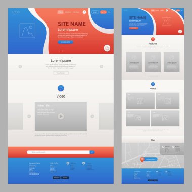Kırmızı Renkli Web Sitesi Şablonu ile mavi. UI UX konsept geliştirme düzeni. İniş sayfası şablonu. Düzenlenebilir vektör biçimi.