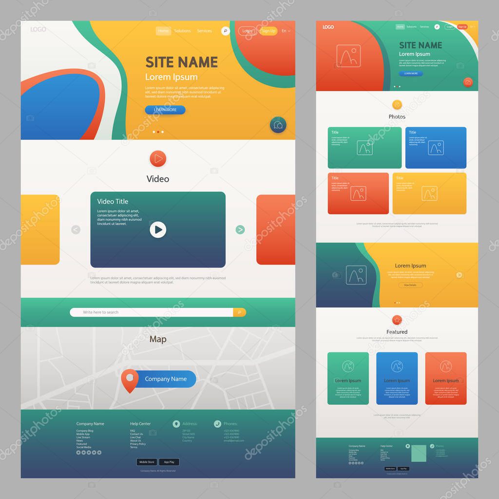 Multi-Colored Website Template. UI UX concept mockup layout for development. Landing page template. Editable vector format.