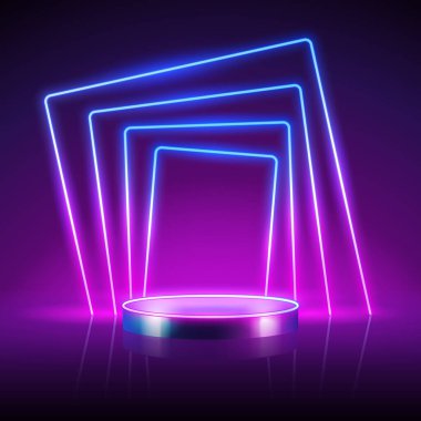 Soyut Kare Neon Çerçeve Arkaplan ile Boş Silindir Podyumu. Satış projeniz için vektör klip sanatı geçmişe dönük olarak tasarlandı.