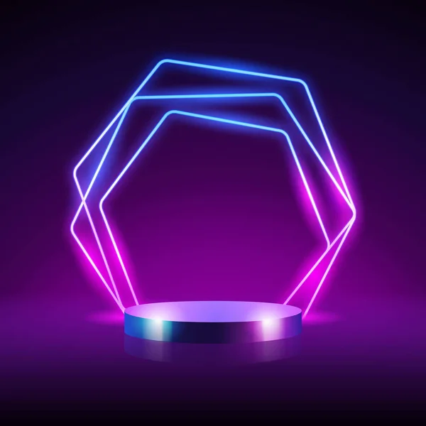 Empty Cylinder Podium Abstract Hexagonal Neon Frame Background Vector Clip — Wektor stockowy