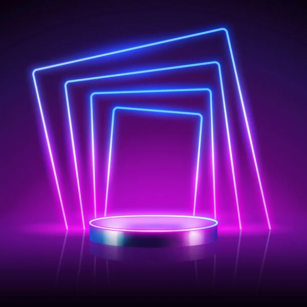 Empty Cylinder Podium Abstract Square Neon Frame Background Vector Clip — Stok Vektör