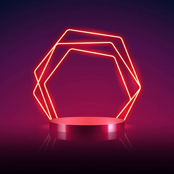 Lege Cilinder Podium Met Abstract Red Hexagonal Neon Farme Achtergrond — Stockvector