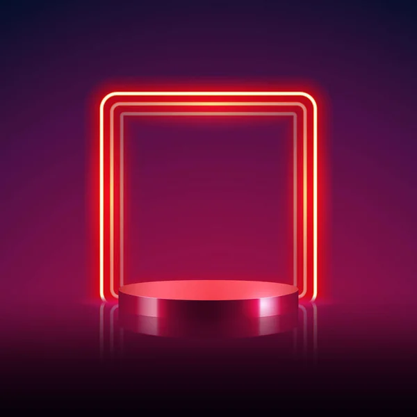 Empty Cylinder Podium Abstract Red Square Neon Frame Background Vector — Stockvektor