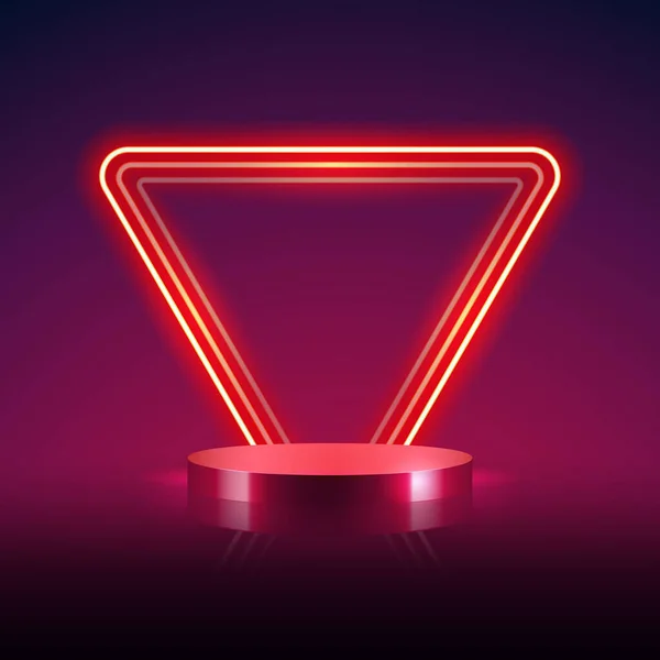 Empty Cylinder Podium Abstract Red Triangular Neon Frame Background Vector — Stok Vektör