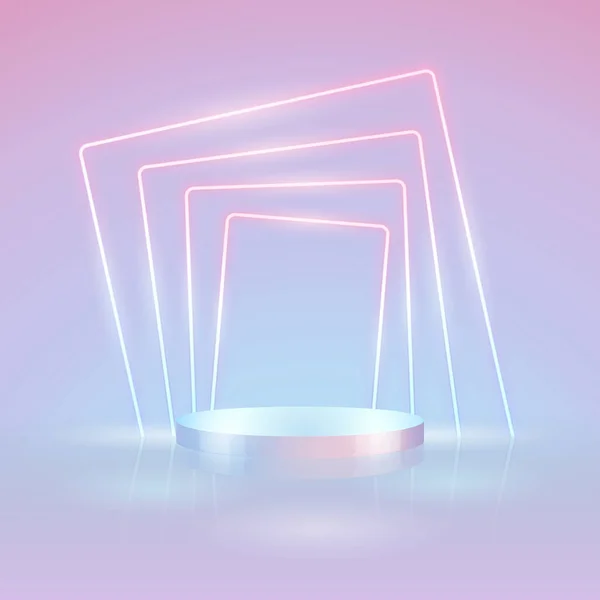 Empty Cylinder Podium Abstract Light Rectangular Neon Frame Background Vector — Stok Vektör