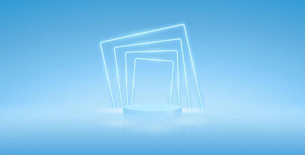 Empty Cylinder Podium Rectangular Neon Frame Light Blue Background Vector — Stockvektor