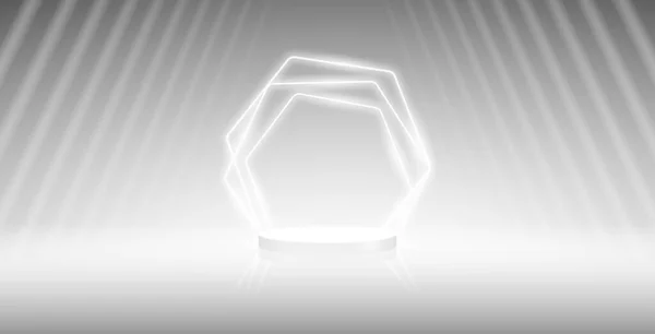 Empty Cylinder Podium White Hexagonal Neon Frame Light Background Vector — Stockvektor