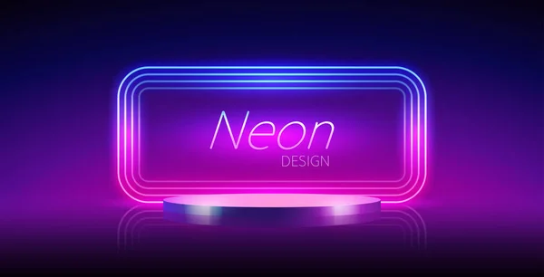 Leeres Zylinderpodest Mit Rechteckigem Neon Rahmen Auf Verschwommenem Hintergrund Vektor — Stockvektor