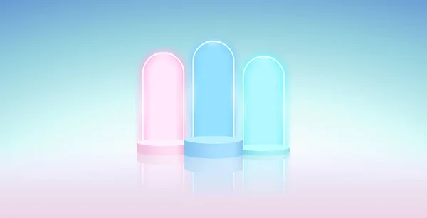 Three Cylinder Podiums Neon Arcs Frame Light Background Vector Clip — Stok Vektör