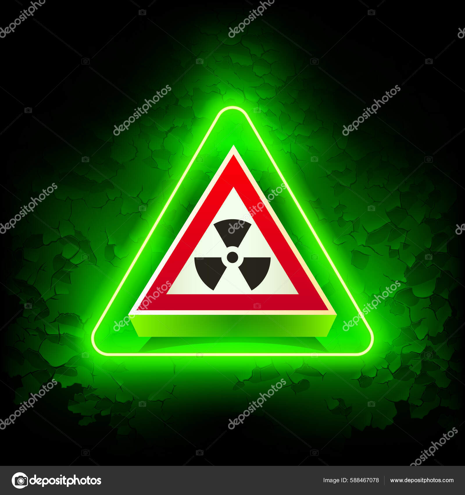 Green Neon Radiation Risk Sign Grunge Background Attention Label Glow
