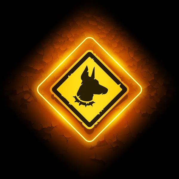 Yellow Neon Beware Dog Sign Grunge Background Attention Label Glow —  Vetores de Stock