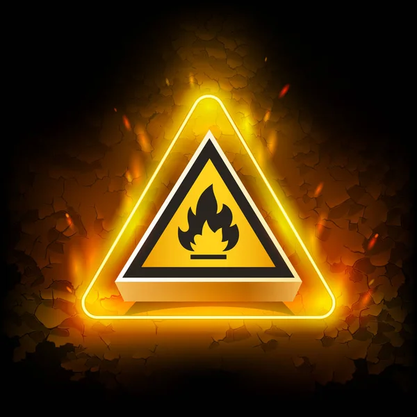 Yellow Neon Fire Warning Sign Grunge Φόντο Προσοχή Ετικέτα Λάμψη — Διανυσματικό Αρχείο
