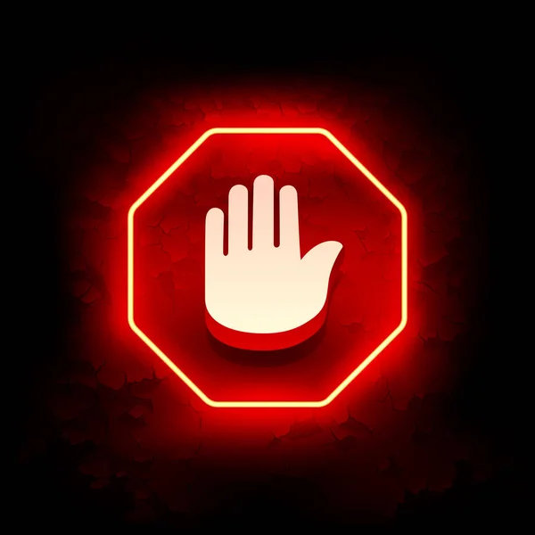 Red Neon Stop Sign Hand Grunge Background Inglés Atención Etiqueta — Vector de stock