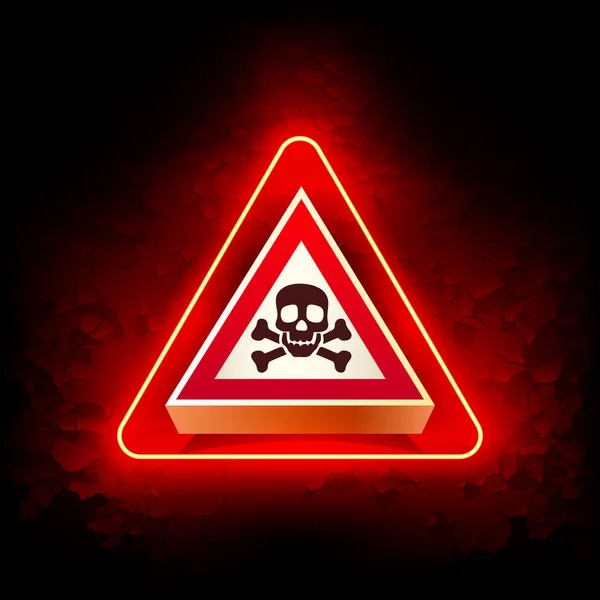 Red Neon Danger Sign Skull Bones Grunge Background Rótulo Atenção — Vetor de Stock