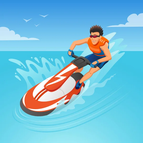 Young Boy Riding Jet Ski Beach Vector Clip Art Aquabike — Stock Vector