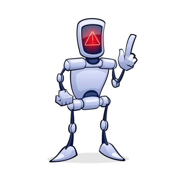 Futuristic Robot Character Warns Danger Red Glowing Exclamation Mark Screen — Stockvector