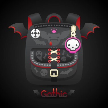 Black Gothic Backpack with Bat Wings. Halloween Vector Illustration.