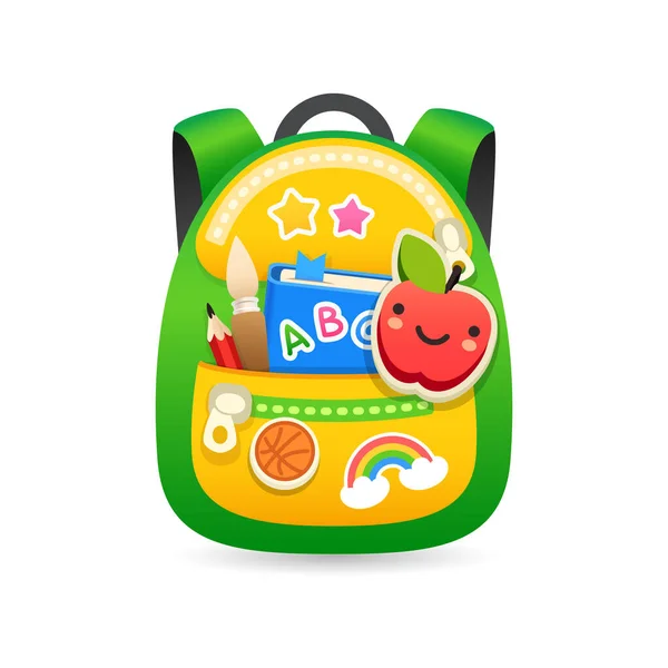 Colorful Green School Backpack Stickers Isolated White Background Vector Illustration — Vector de stock