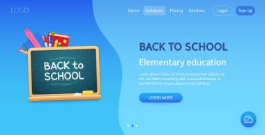 Back to School Website Template with Realistic Wooden Chalkboard and Stationery on Blue Background. Vector illustration for your education projects.