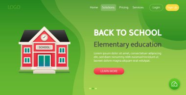 Back to School Website Template with School Building on Green Background. Vector illustration for your education projects.