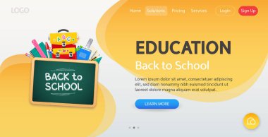 Back to School Website Template with Realistic Wooden Chalkboard, Backpack and Stationery on Yellow Background. Vector illustration for your education projects.