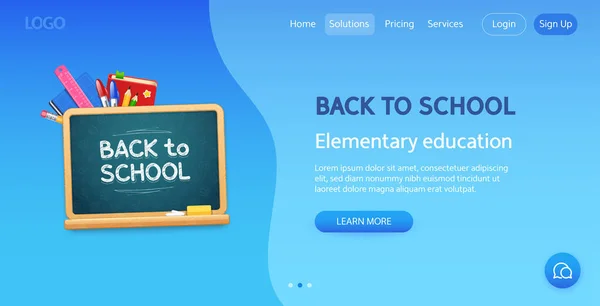 Back School Website Template Realistic Wooden Chalkboard Stationery Blue Background — Vetor de Stock