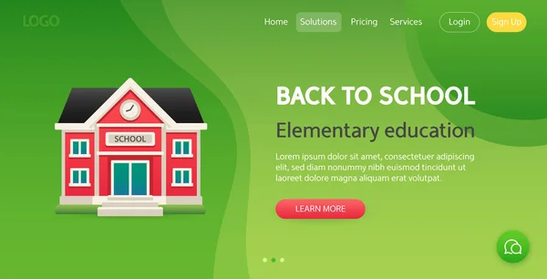 Back School Website Template School Building Green Background Vector Illustration — 스톡 벡터