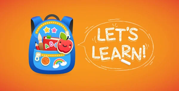 Blue School Backpack Lets Learn Chalk Lettering Orange Background Vector — Vector de stock