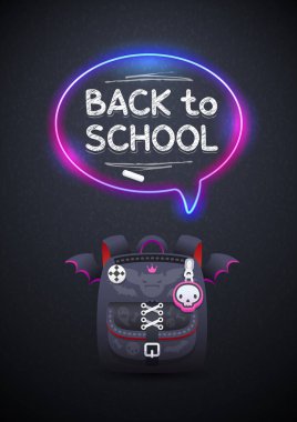 Gothic School Backpack on Dark Background with Back to School Chalk Lettering and Neon Speech Bubble. Vector illustration for education projects.
