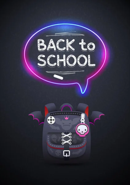 Gothic School Backpack Dark Background Back School Chalk Lettering Neon — Vetor de Stock